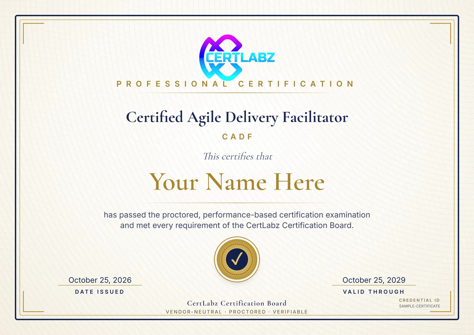 Sample Certified Agile Delivery Facilitator (CADF) certificate issued by the CertLabz Certification Board