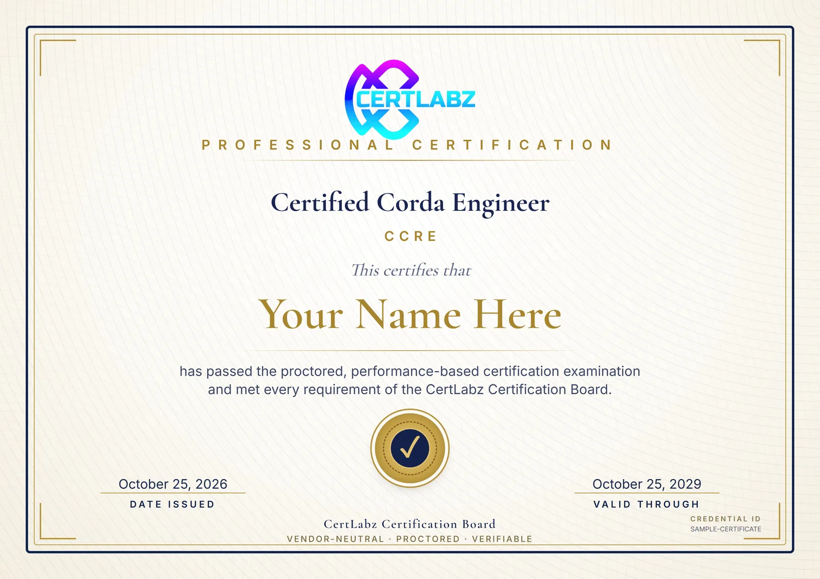 Sample Certified Corda Engineer (CCRE) certificate issued by the CertLabz Certification Board