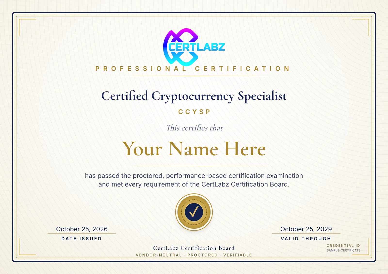 Sample Certified Cryptocurrency Specialist (CCYSP) certificate issued by the CertLabz Certification Board