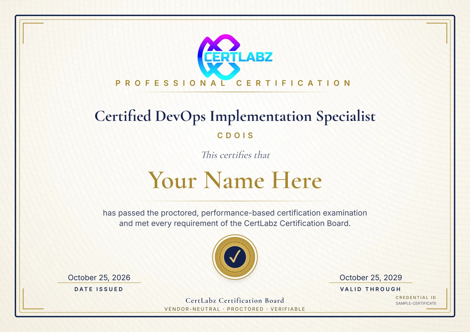 Sample Certified DevOps Implementation Specialist (CDOIS) certificate issued by the CertLabz Certification Board
