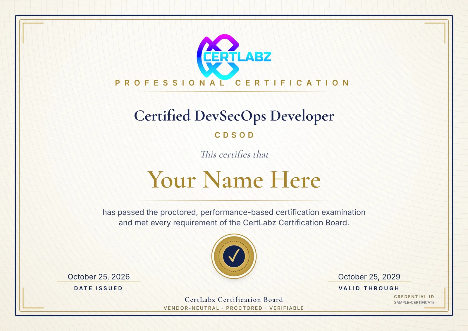Sample Certified DevSecOps Developer (CDSOD) certificate issued by the CertLabz Certification Board