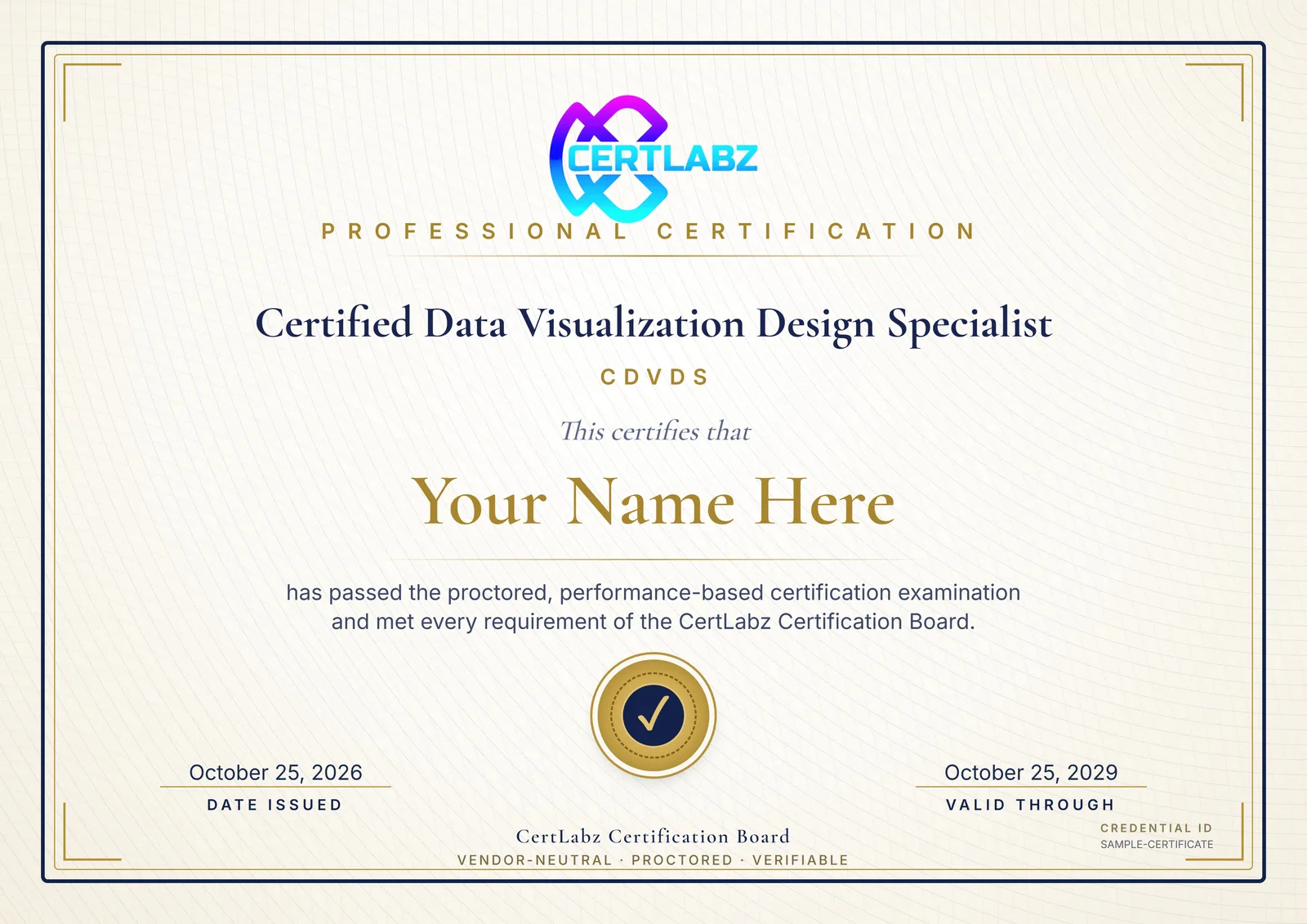 Sample Certified Data Visualization Design Specialist (CDVDS) certificate issued by the CertLabz Certification Board