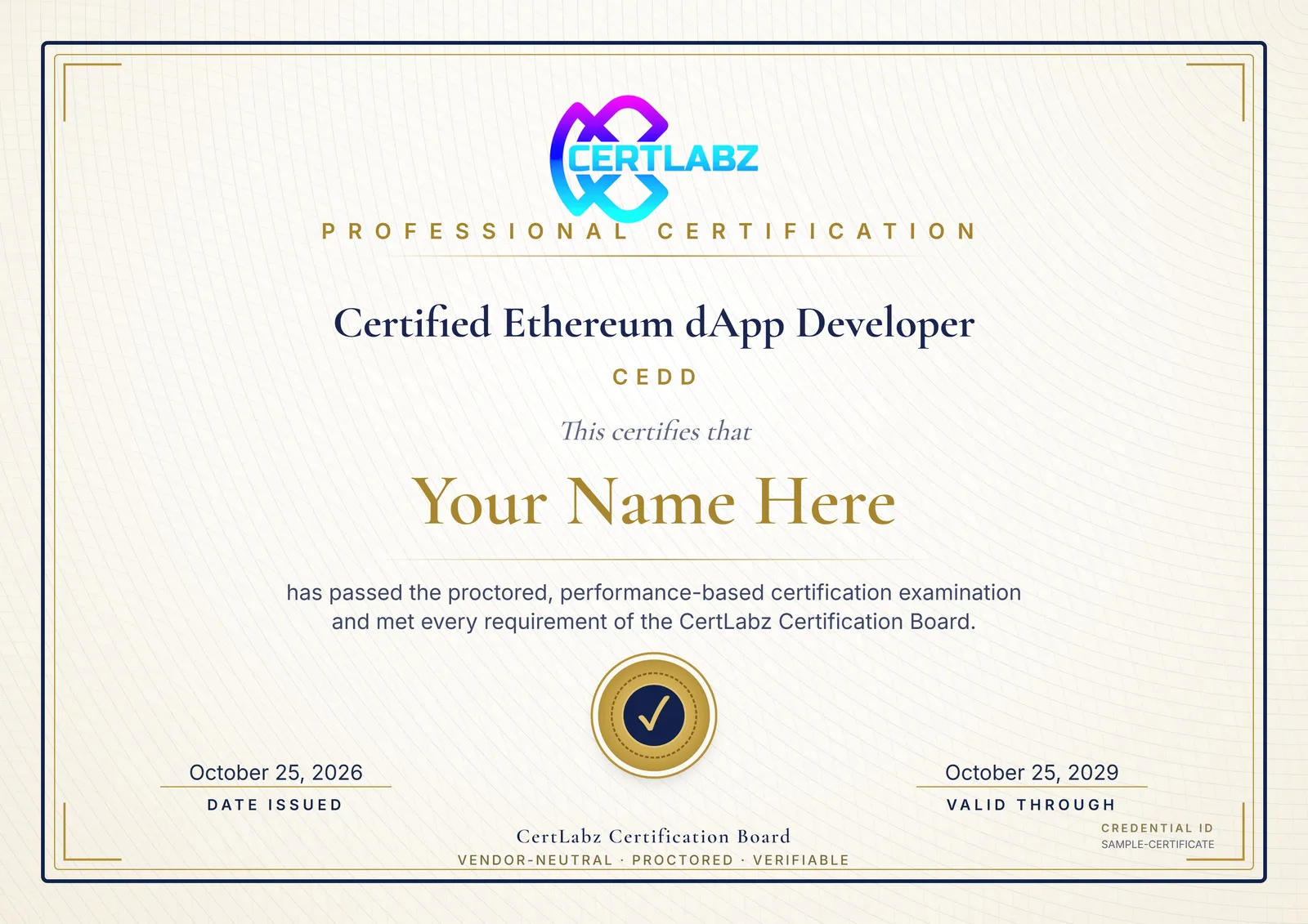 Sample Certified Ethereum dApp Developer (CEDD) certificate issued by the CertLabz Certification Board