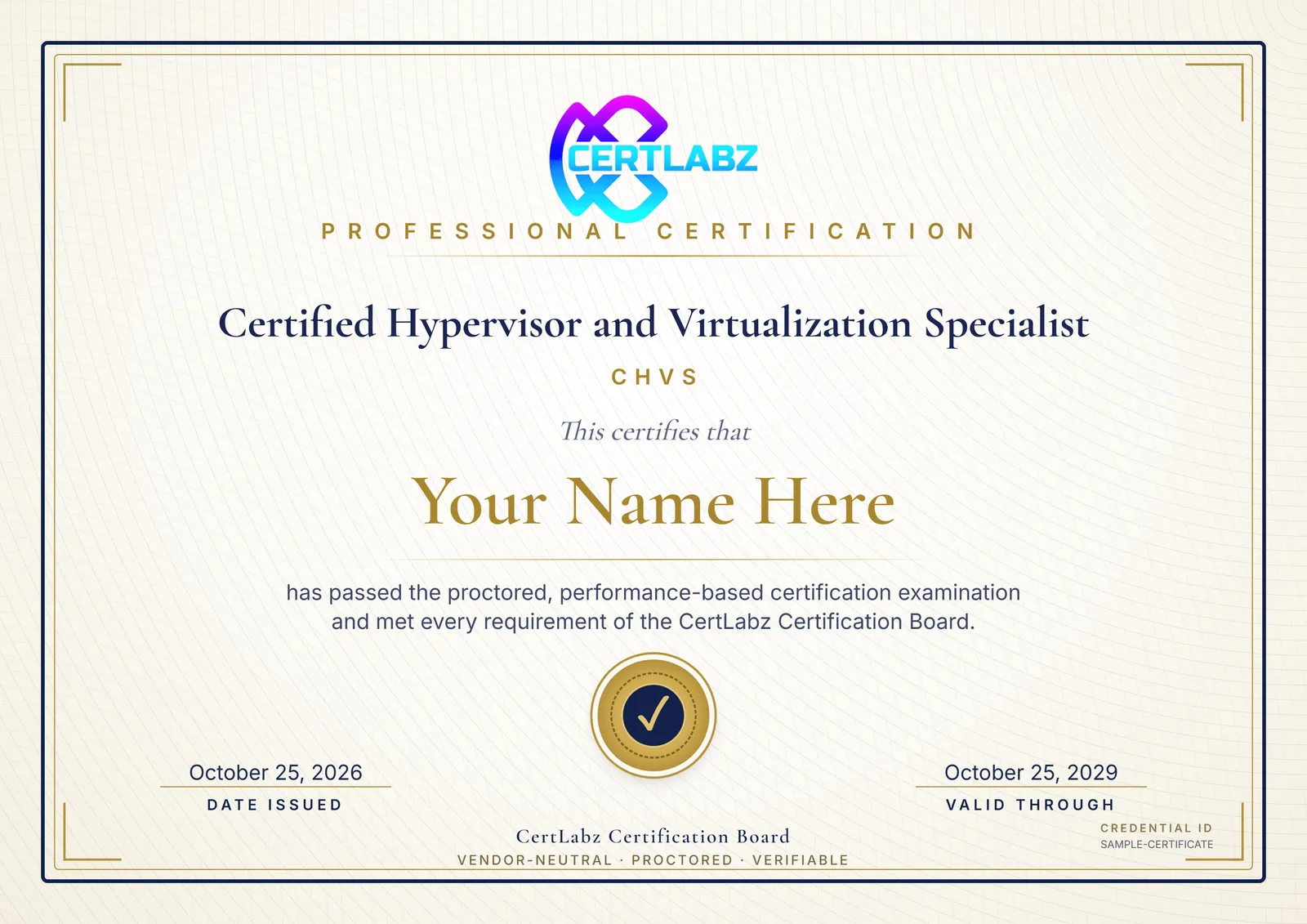 Sample Certified Hypervisor and Virtualization Specialist (CHVS) certificate issued by the CertLabz Certification Board