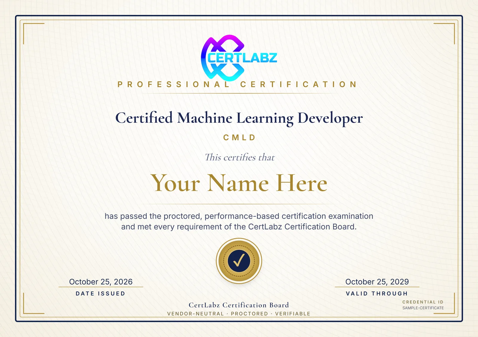 Sample Certified Machine Learning Developer (CMLD) certificate issued by the CertLabz Certification Board