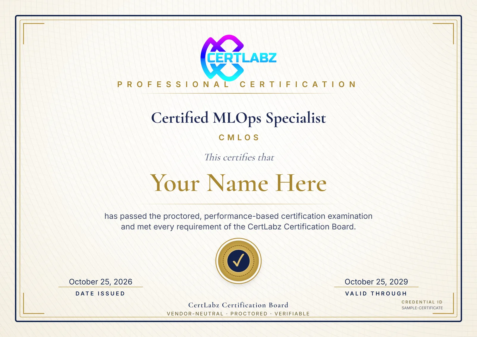Sample Certified MLOps Specialist (CMLOS) certificate issued by the CertLabz Certification Board