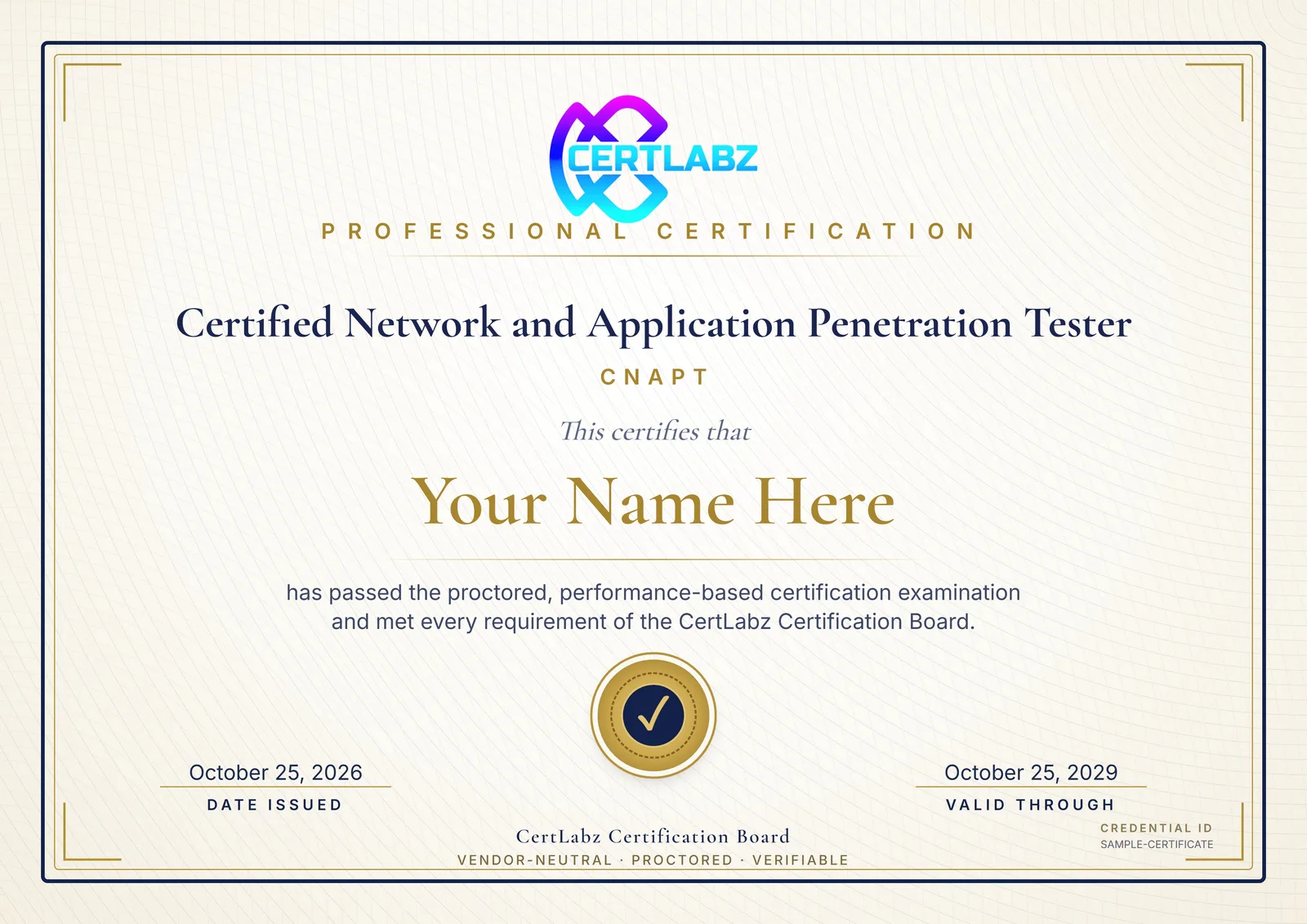 Sample Certified Network and Application Penetration Tester (CNAPT) certificate issued by the CertLabz Certification Board