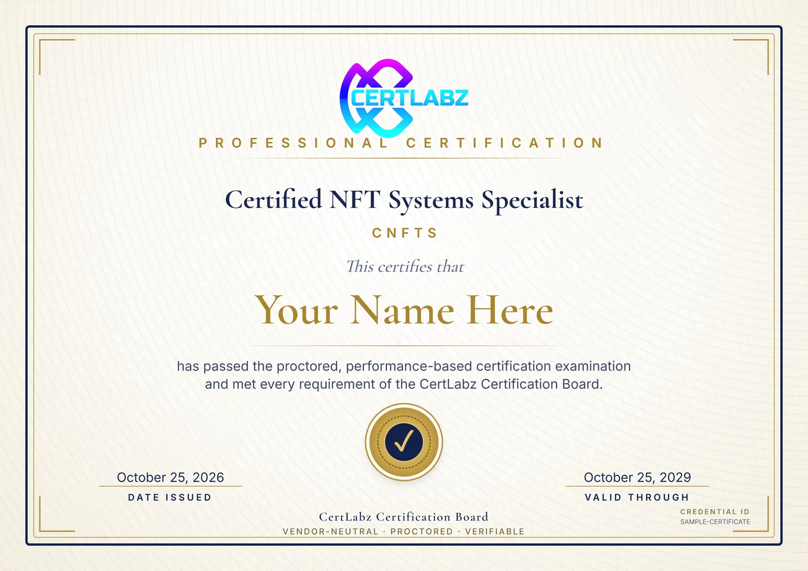 Sample Certified NFT Systems Specialist (CNFTS) certificate issued by the CertLabz Certification Board