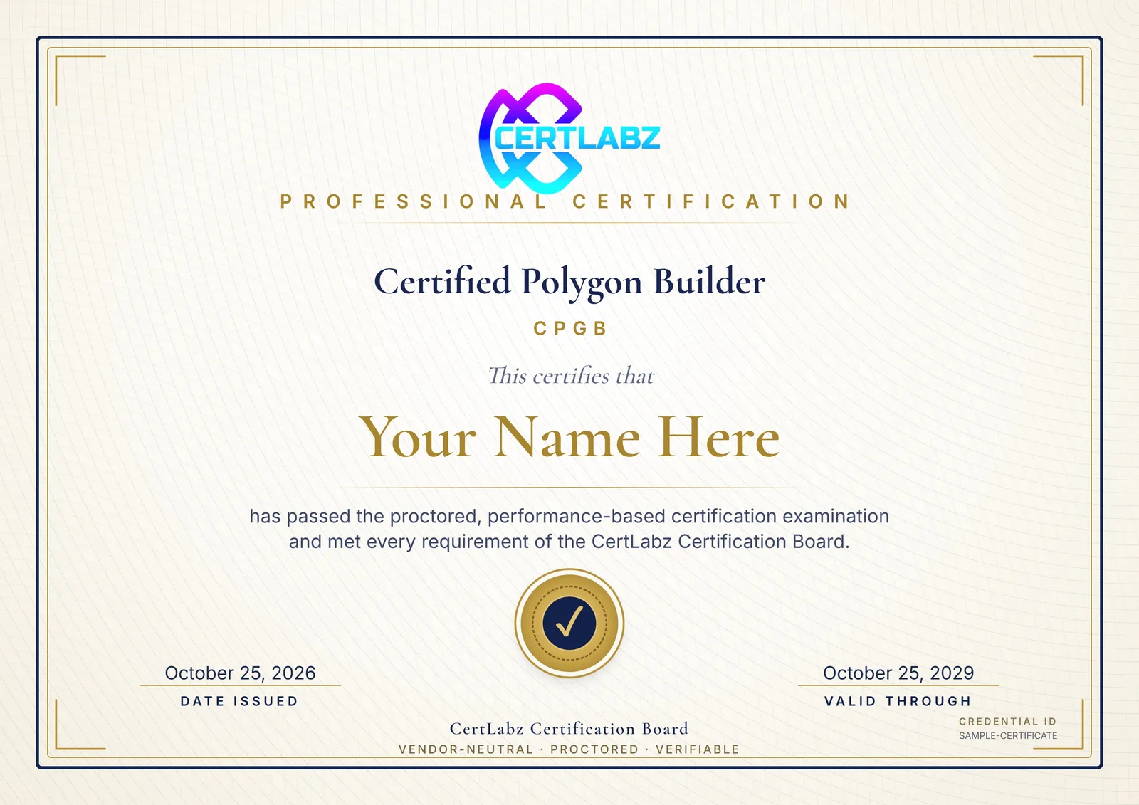 Sample Certified Polygon Builder (CPGB) certificate issued by the CertLabz Certification Board