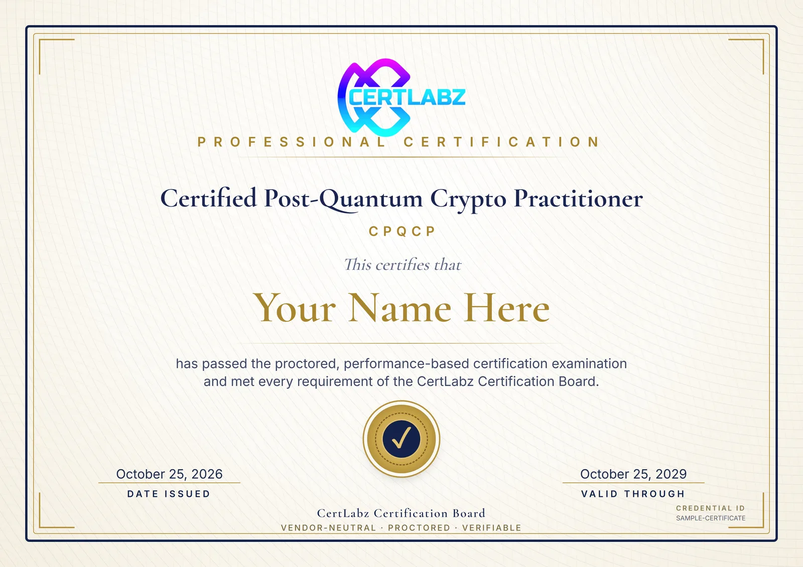 Sample Certified Post-Quantum Crypto Practitioner (CPQCP) certificate issued by the CertLabz Certification Board
