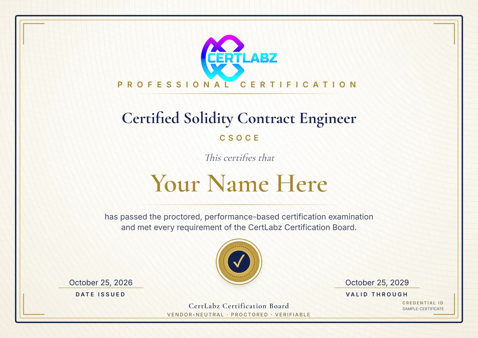 Sample Certified Solidity Contract Engineer (CSOCE) certificate issued by the CertLabz Certification Board